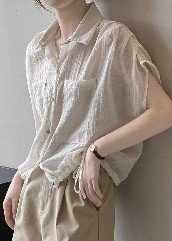 French Khaki Peter Pan Collar Pockets Drawstring Cotton Shirts Top Summer