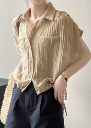 French Khaki Peter Pan Collar Pockets Drawstring Cotton Shirts Top Summer