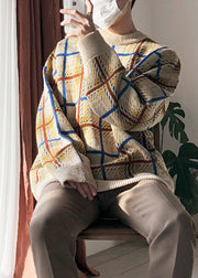 French Khaki Plaid Cozy Knit Sweater Men Spring