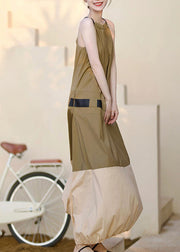 French Khaki Pockets Patchwork Cotton Dress Sleeveless