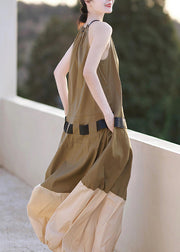French Khaki Pockets Patchwork Cotton Dress Sleeveless