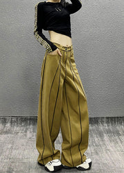 French Khaki Pockets Patchwork Denim Wide Leg Pants Spring