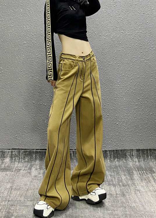 French Khaki Pockets Patchwork Denim Wide Leg Pants Spring