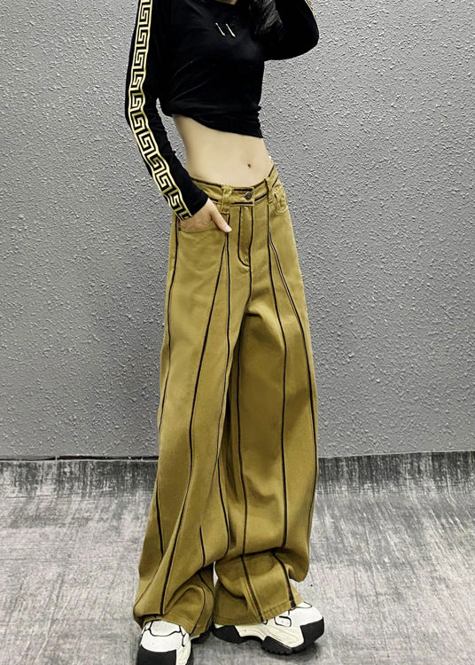 French Khaki Pockets Patchwork Denim Wide Leg Pants Fall