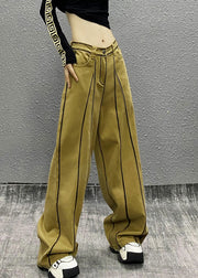 French Khaki Pockets Patchwork Denim Wide Leg Pants Fall