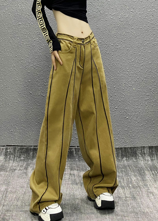 French Khaki Pockets Patchwork Denim Wide Leg Pants Spring