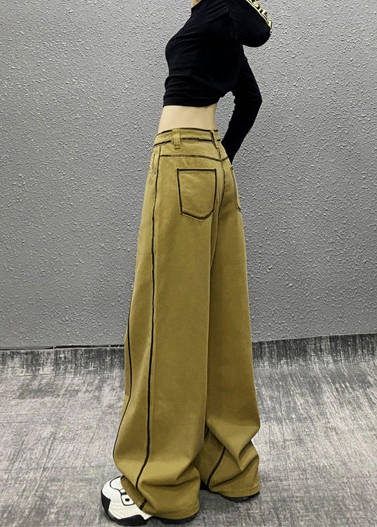 French Khaki Pockets Patchwork Denim Wide Leg Pants Fall