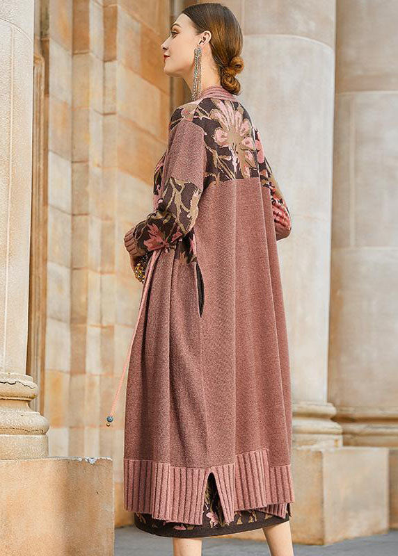 French Khaki Print Original Design Oriental Knit Long style outerwear Outer coat Winter