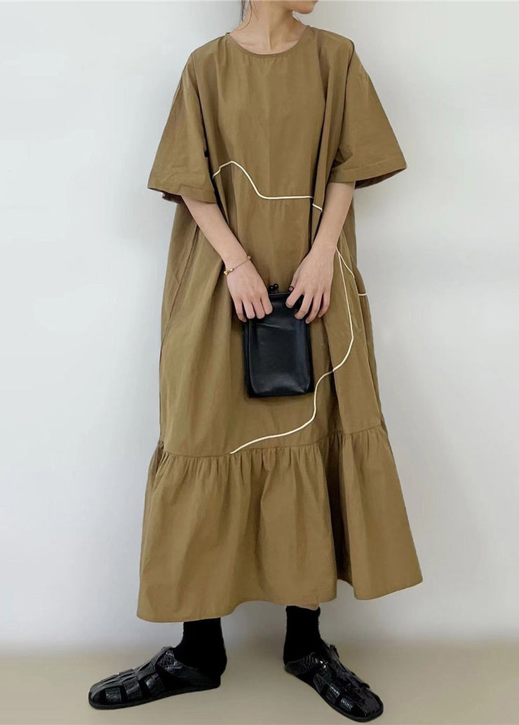 French Khaki Ruffled Patchwork Maxi Dress Short Sleeve