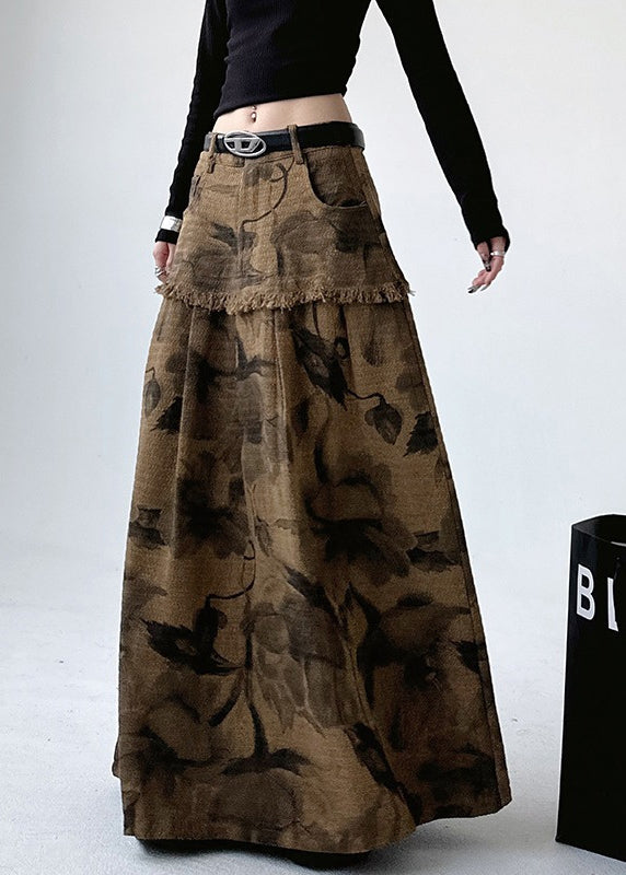 French Khaki Tassel Print Denim Maxi Skirts Fall