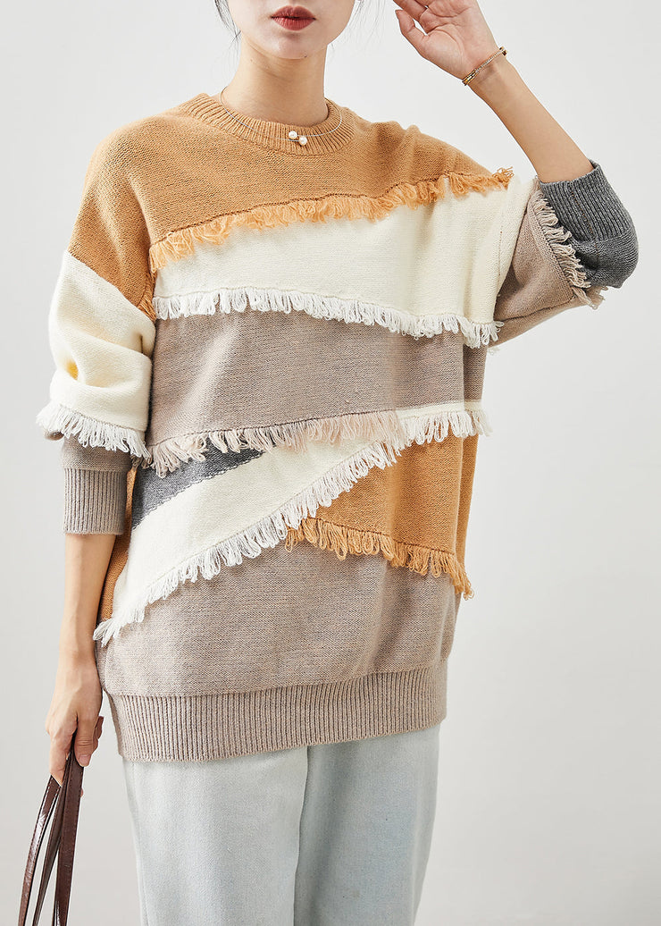 French Khaki Tasseled Patchwork Knit Short Sweater Winter