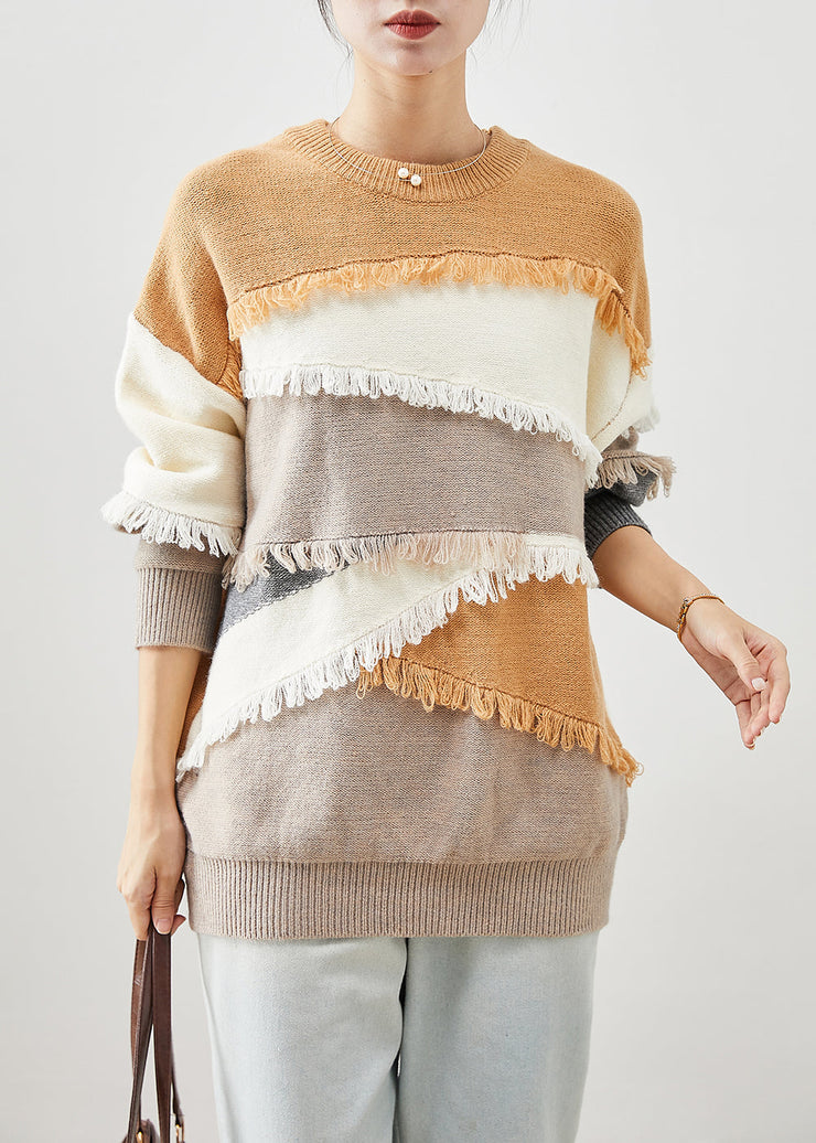 French Khaki Tasseled Patchwork Knit Short Sweater Winter