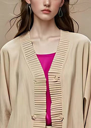 French Khaki V Neck Button Cotton Coat Bracelet Sleeve