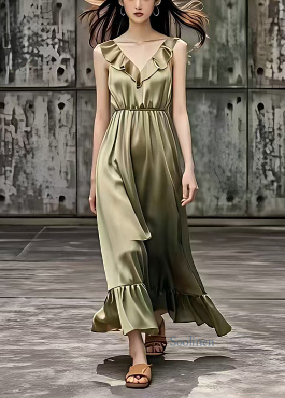 French Khaki V Neck Draping Silk Robe Dresses Summer