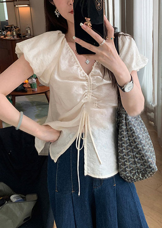 French Khaki V Neck Lace Up Cotton Shirts Puff Sleeve