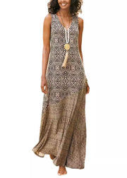 French Khaki V Neck Print Patchwork Cotton Maxi Dresses Sleeveless