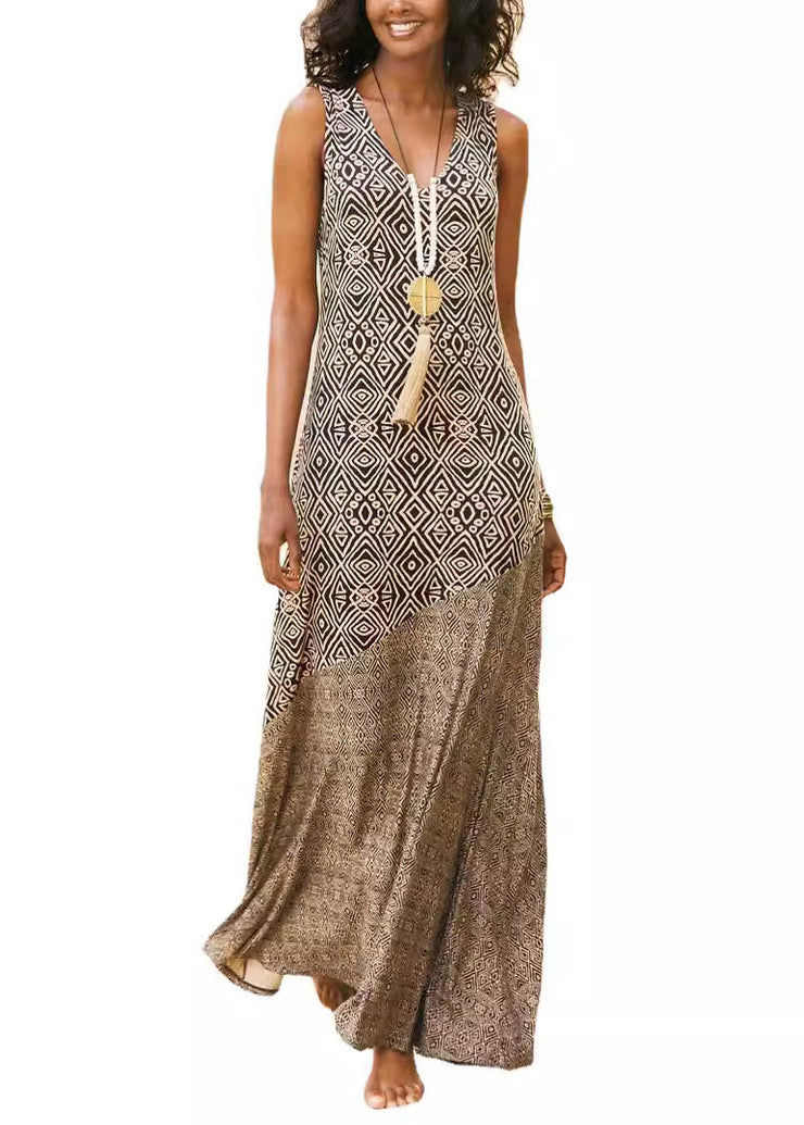 French Khaki V Neck Print Patchwork Cotton Maxi Dresses Sleeveless