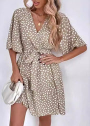 French Khaki V Neck Print Tie Waist Cotton Mid Dress Summer