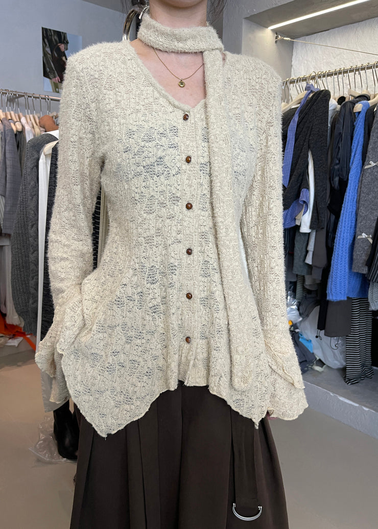 French Khaki V Neck Ruffled Button Knit Tops Fall