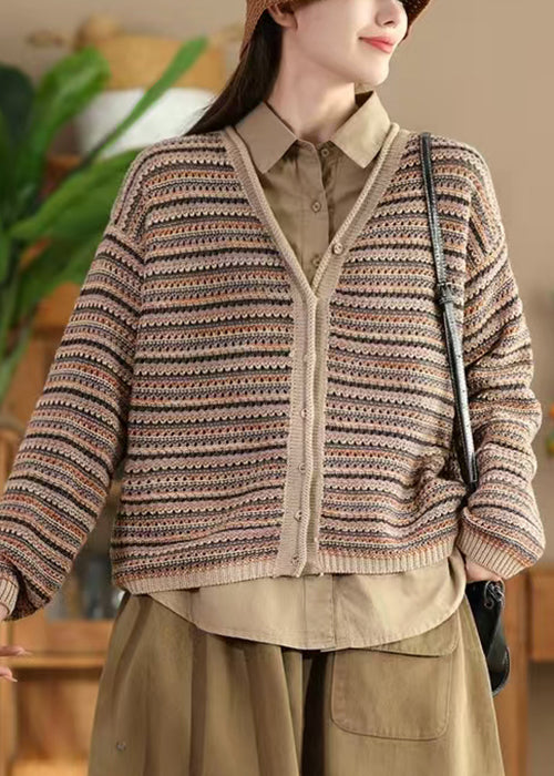 French Khaki V Neck Striped Button Knit Coats Spring