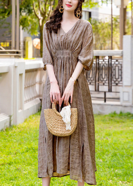 French Khaki V Neck Wrinkled Silk Vacation Dresses Summer