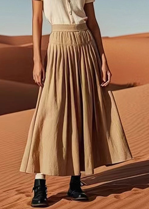 French Khaki Wrinkled Elastic Waist Linen Skirt Summer