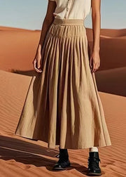 French Khaki Wrinkled Elastic Waist Linen Skirt Summer