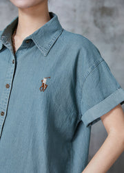 French Lake Blue Embroidered Denim Shirts Summer