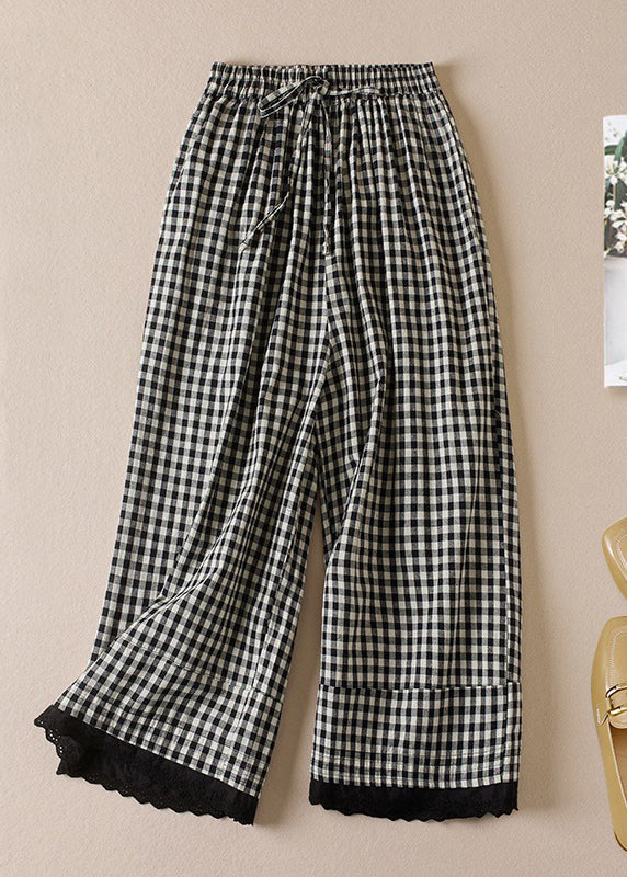 French Large Plaid Pockets Elastic Waist Linen Crop Pants Summer