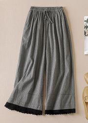 French Large Plaid Pockets Elastic Waist Linen Crop Pants Summer