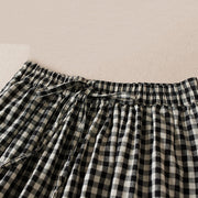 French Large Plaid Pockets Elastic Waist Linen Crop Pants Summer