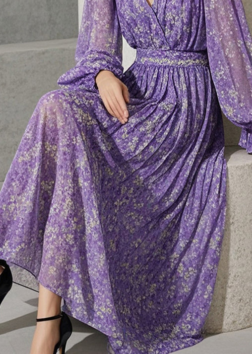 French Lavender Cinched Print Chiffon Robe Dresses Fall