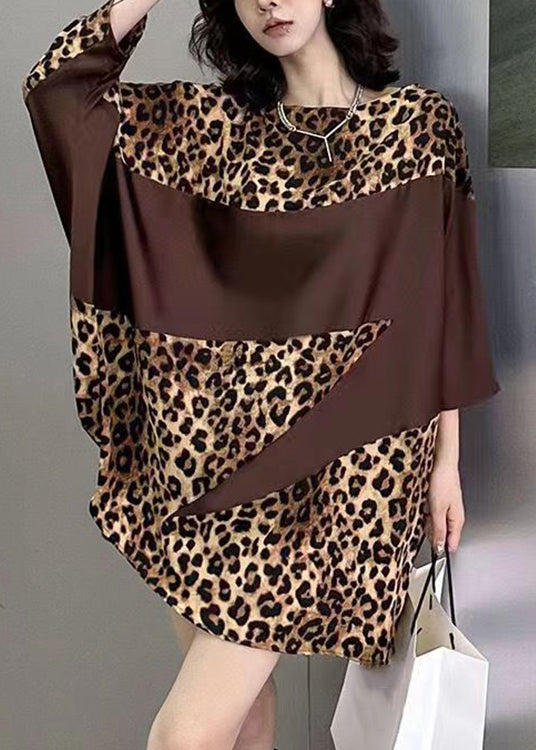 French Leopard O Neck Print Patchwork Cotton Mid Dress Batwing Sleeve