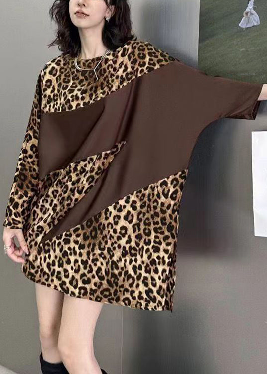 French Leopard O Neck Print Patchwork Cotton Mid Dress Batwing Sleeve