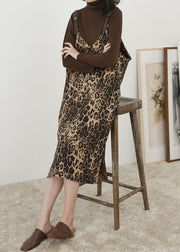 French Leopard Print V Neck Patchwork Cotton Long Dress Sleeveless