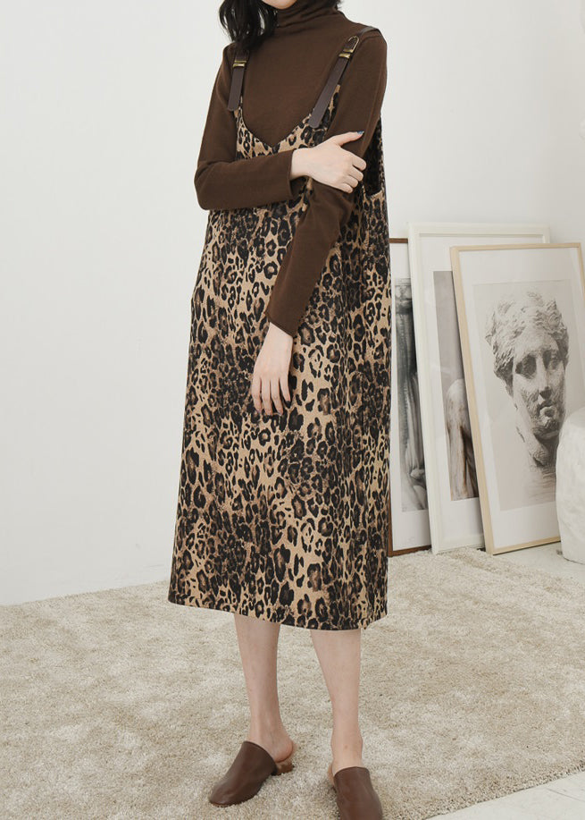 French Leopard Print V Neck Patchwork Cotton Long Dress Sleeveless