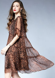 French Leopard Ruffled Patchwork Chiffon Mid Dress Summer