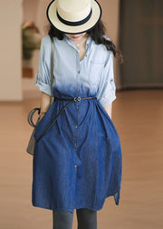 French Light Blue Gradient Denim Shirts Dress Spring