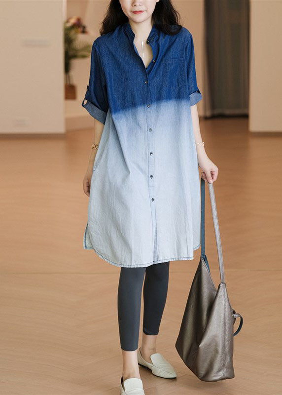 French Light Blue Gradient Denim Shirts Dress Spring