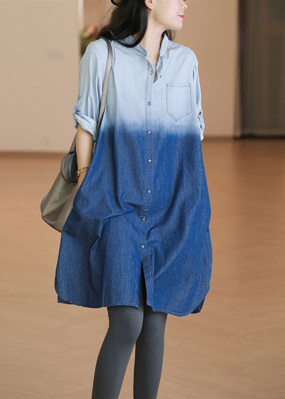 French Light Blue Gradient Denim Shirts Dress Spring