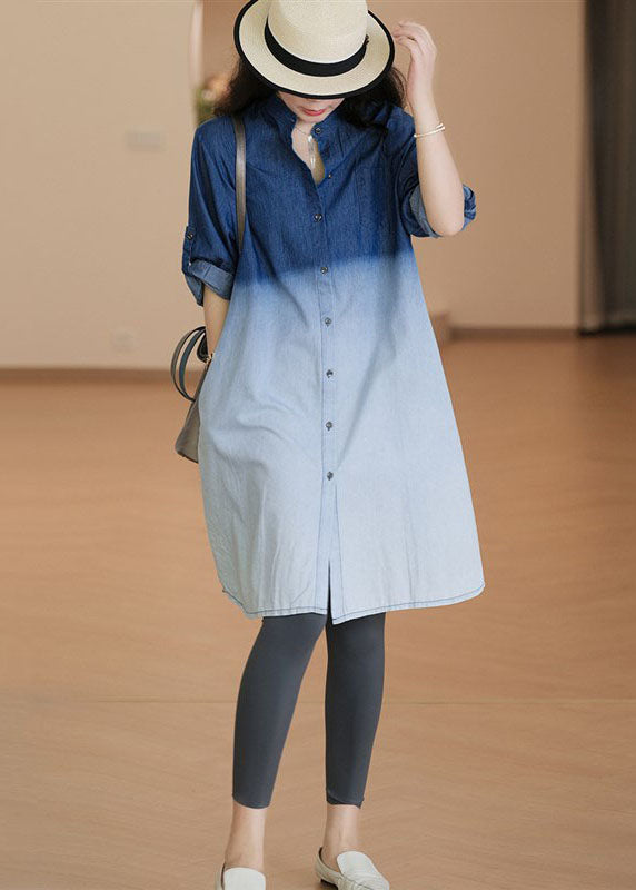 French Light Blue Gradient Denim Shirts Dress Spring