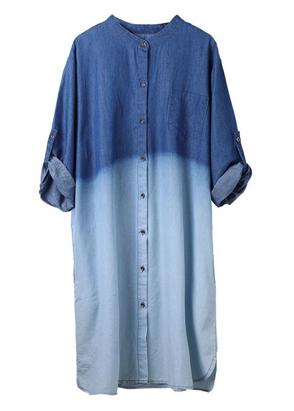 French Light Blue Gradient Denim Shirts Dress Spring