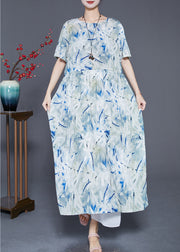 French Light Blue Oversized Print Linen Beach Dress Summer