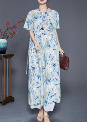 French Light Blue Oversized Print Linen Beach Dress Summer