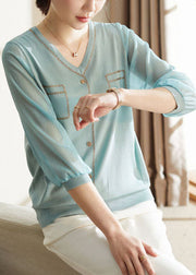 French Light Blue V Neck Knit Shirts Bracelet Sleeve