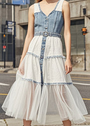 French Light Blue V Neck Patchwork Denim Tea Dresses Summer