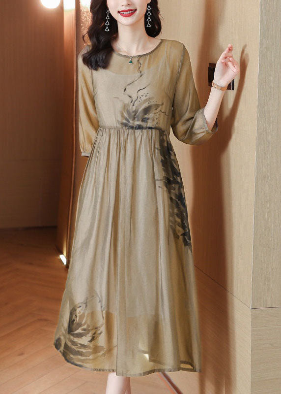 French Light Brown O Neck Print Wrinkled Patchwork Chiffon Dresses Summer