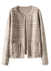 French Light Camel O-Neck Tassel Woolen Cardigan Fall