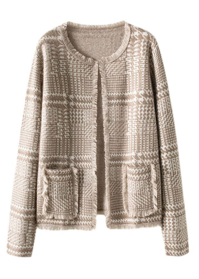 French Light Camel O-Neck Tassel Woolen Cardigan Spring