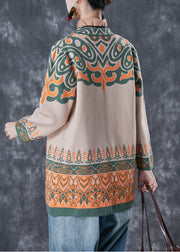 French Light Camel Oversized Print Cotton Cardigan Fall